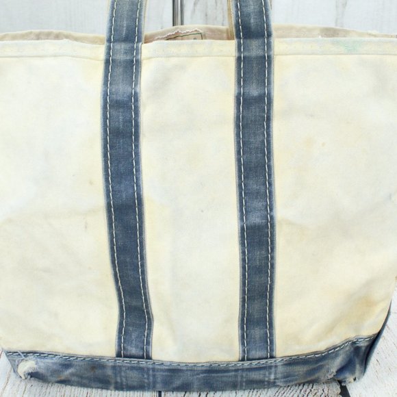 Vintage LL BEAN Boat & Tote Cream Canvas Blue Trim Tote Handbag - Picture 3 of 11